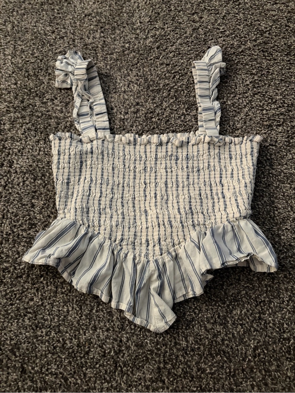 American Eagle Outfitters Blue and White Striped Ruffle Smocked Crop Top